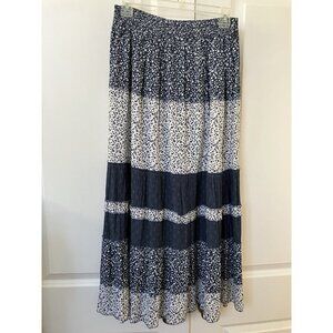 Womens Skirt Blue White Floral Tiered Midi Modest Gauzy Boho Cottagecore